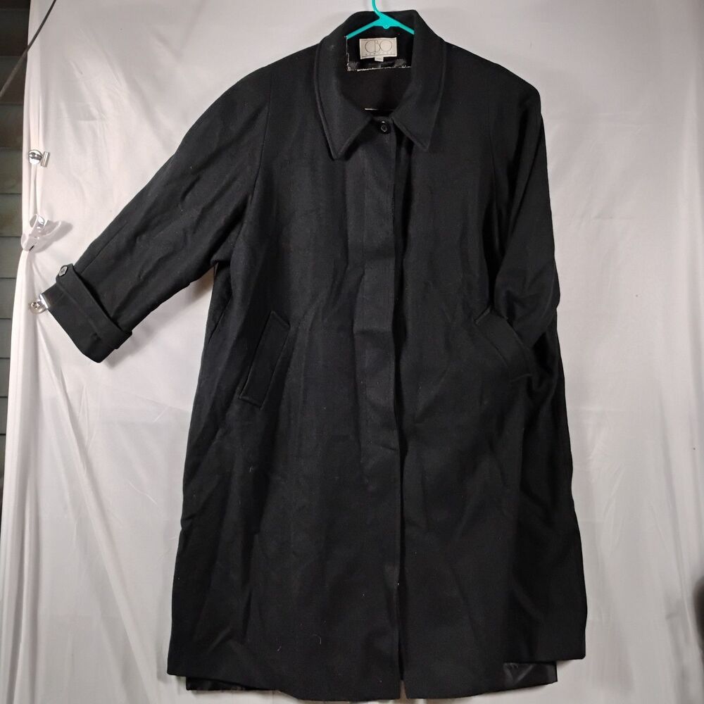 CBO New York Womens Lined Black Trench Coat Wool Jacket Size 48 Length 41 Chest
